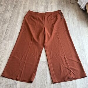 Hell Bunny Rust Brown Wide Leg Trousers Side Button High Waist Plus 4XL UK22